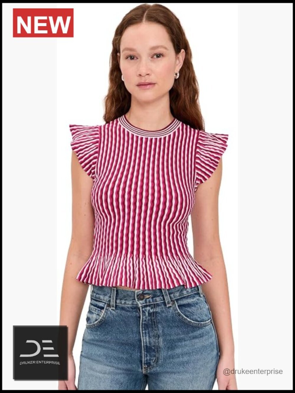 Lightweight Textured Knit Top with Striped Pattern and Short Flutter Sleeves
